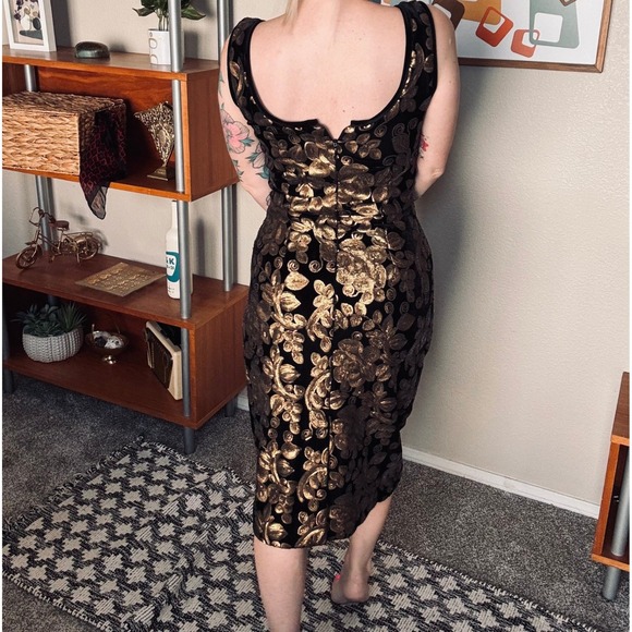 Tatyana Black Velvet Gold Sequin Floral Wiggle Dress Pinup Cocktail Womens Small - Picture 5 of 8